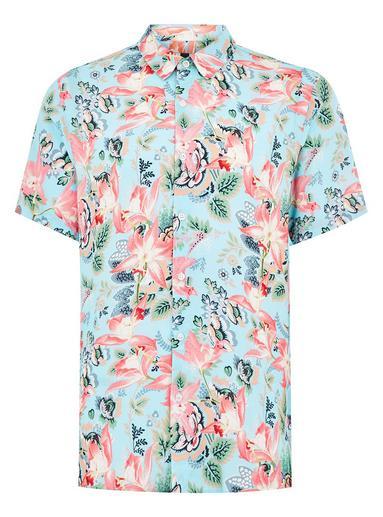 Topman Mens Blue Floral Tile Short Sleeve Shirt