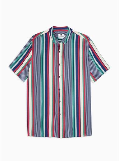 Topman Mens Multi Red, Green And Navy Stripe Slim Shirt
