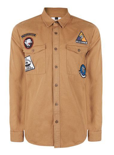 Topman Mens Brown Tan Badged Twill Casual Shirt