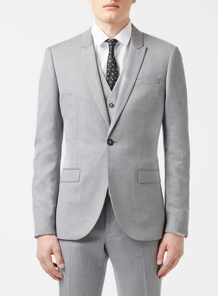 Topman Mens Light Grey Crosshatch Skinny Fit Suit Jacket With Peak Lapel