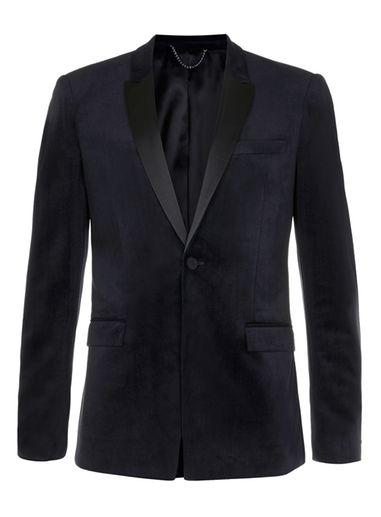Topman Mens Blue Navy Velvet Blazer With Contrast Sateen Lapel