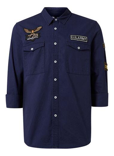 Topman Mens Blue Navy Badged Double Pocket Casual Shirt