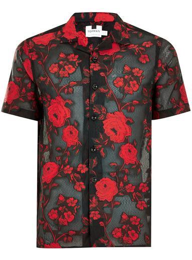 Topman Mens Black Rose Jacquard Short Sleeve Shirt