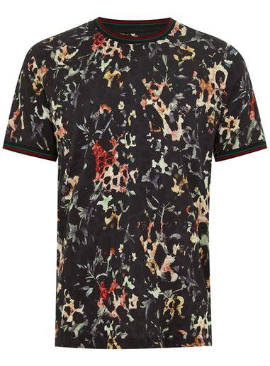 Topman Mens Black Floral Leopard Tipped T-shirt