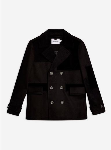 Topman Mens Black Patchwork Pea Coat With Wool