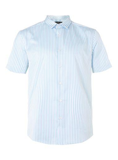 Topman Mens Blue And White Bengal Stripe Short Sleeve Dress Shirt