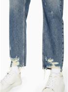 Topman Mens Blue Mid Wash Damaged Tapered Jeans