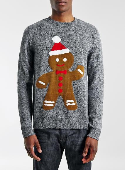 Topman Mens Grey Gingerbread Man Crew Neck Christmas Jumper