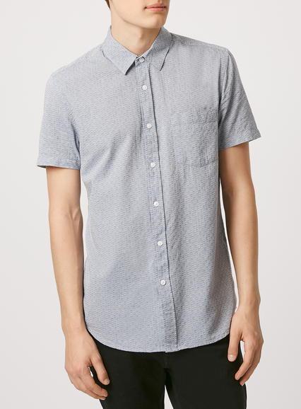 Topman Mens Blue Flower Dobby Short Sleeve Casual Shirt
