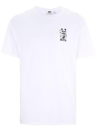 Topman Mens White 'hiya Cat' Embroidery T-shirt