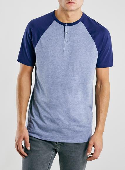 Topman Mens Blue Raglan Grandad T-shirt