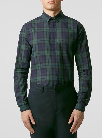 Topman Mens Green Sheer Tartan Long Sleeve Dress Shirt