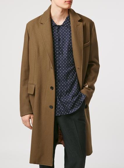 Topman Mens Brown Curtis Kulig Camel Wool Overcoat