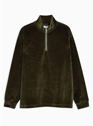 Topman Mens Khaki Corduroy Velour 1/4 Zip Sweatshirt