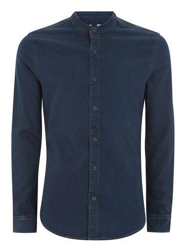 Topman Mens Blue Indigo Stand Collar Denim Shirt