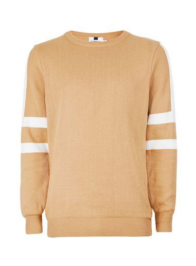 Topman Mens Camel And White Sleeve Stripe Sweater