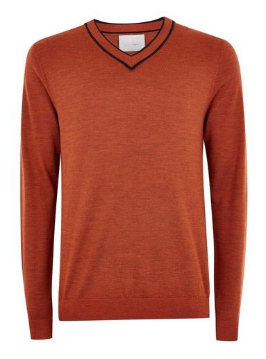 Topman Mens Orange Rust Merino Wool Tipped V Neck Jumper