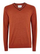 Topman Mens Orange Rust Merino Wool Tipped V Neck Jumper