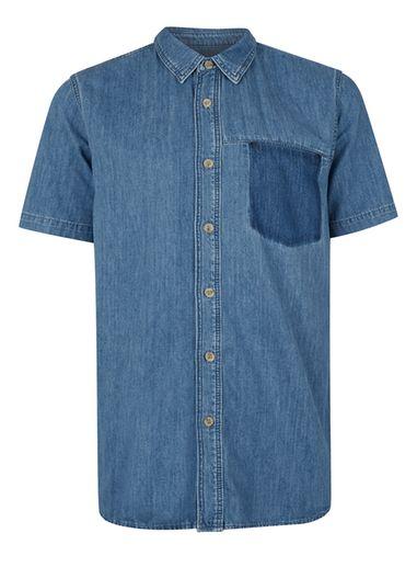 Topman Mens Blue Patch Pocket Short Sleeve Denim Shirt