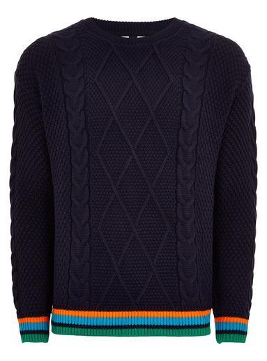 Topman Mens Navy Tipped Cable Knit Sweater