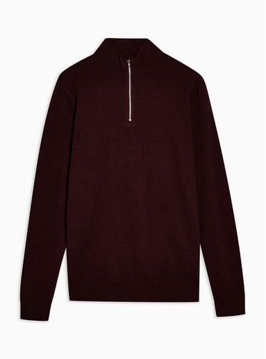 Topman Mens Red Burgundy Marl Zip Turtle Neck Jumper