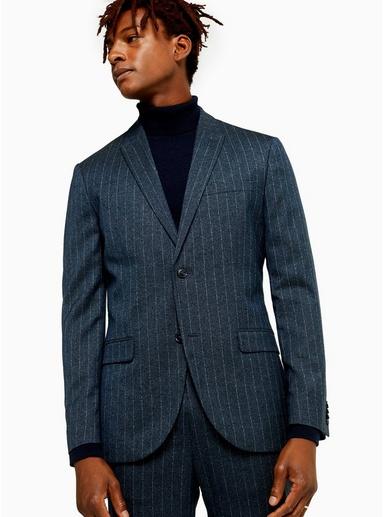 Topman Mens Navy Pinstripe Slim Fit Single Breasted Blazer With Peak Lapels