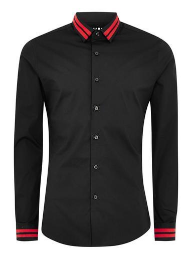 Topman Mens Black Tape Collar Long Sleeve Shirt