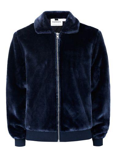 Topman Mens Blue Navy Faux Fur Harrington Jacket