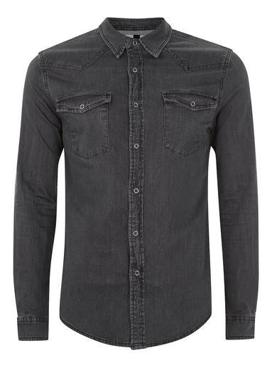 Topman Mens Bleach Denim Black Muscle Western Long Sleeve Shirt