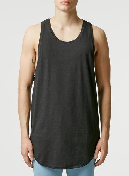 Topman Mens Washed Black Slubby Longline Tank Top