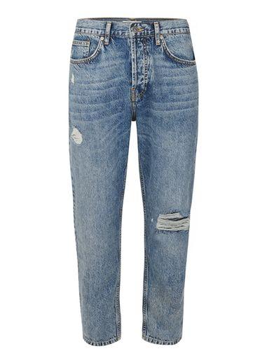 Topman Mens Washed Blue Ripped Tapered Fit Jeans