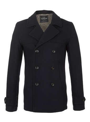 Topman Navy Wool Skinny Pea Coat