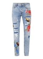 Topman Mens Blue Embroidered Mid Wash Stretch Skinny Jeans