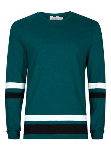 Topman Mens Green Teal Contrast Stripe Long Sleeve T-shirt