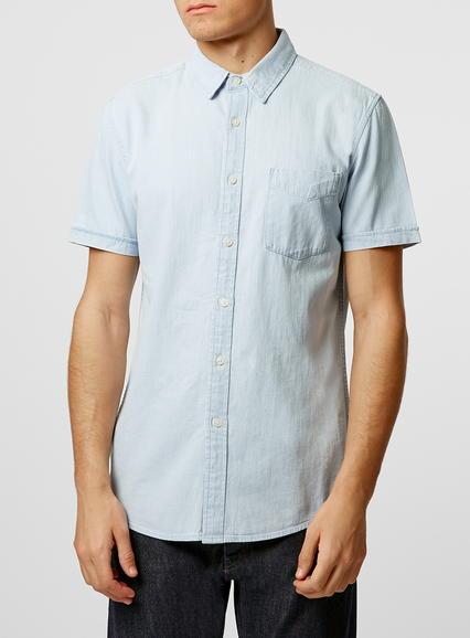 Topman Mens Blue White Denim Western Short Sleeve Casual Shirt