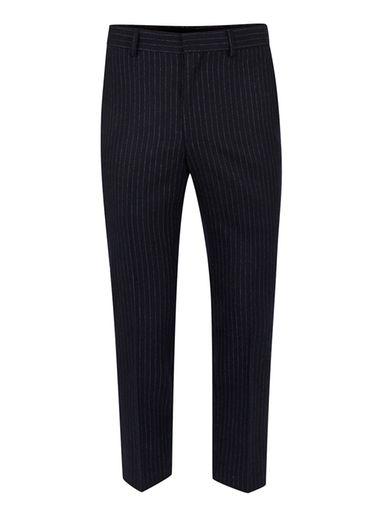 Topman Mens Blue Navy Pinstripe Wool Blend Relaxed Fit Cropped Dress Pants