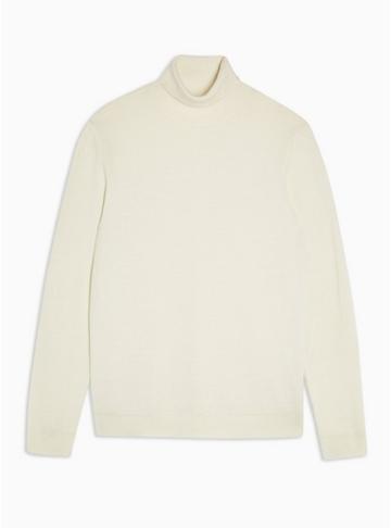 Topman Premium Mens Cream Topman Premium Ecru Merino Wool Roll Neck Sweater