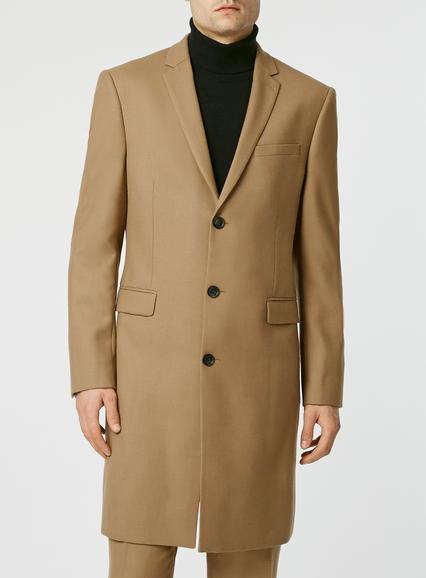 Topman Mens Brown Camel Wool Skinny Smart Frock Coat