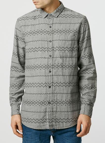 Topman Mens Mid Grey Reversed Fairisle Long Sleeve Casual Shirt