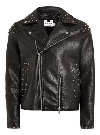 Topman Mens Black Studded Faux Leather Biker Jacket