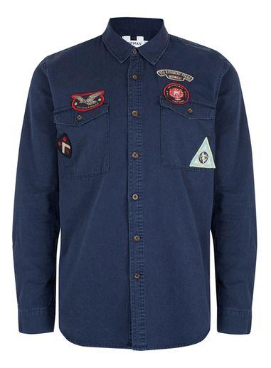 Topman Mens Blue Navy Long Sleeve Badge Shirt