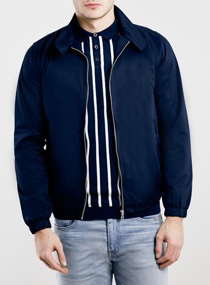 Topman Mens Blue Navy Harrington Jacket With Check Lining