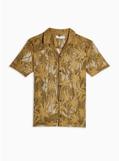 Topman Mens Brown Gold Knitted Palm Revere Shirt