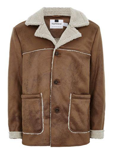 Topman Mens Brown Tan Faux Fur Shearling Jacket