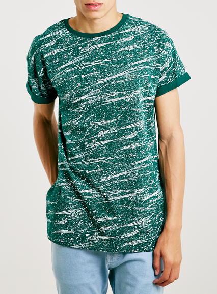 Topman Mens Red Roller Fit Green Splatter T-shirt
