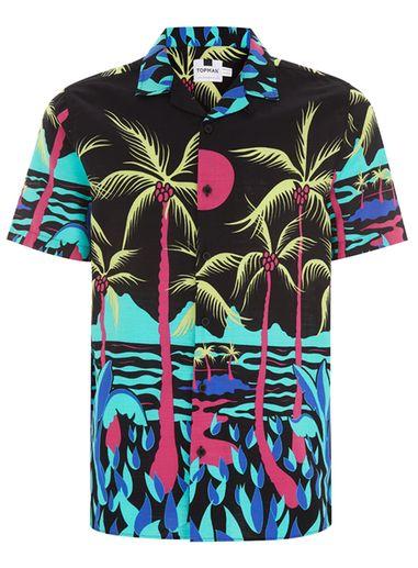Topman Mens Black Palm Tree Print Short Sleeve Shirt