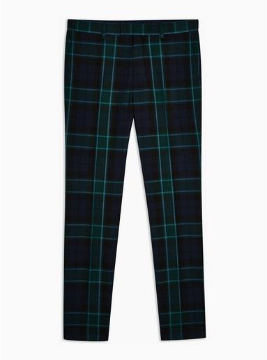 Topman Mens Navy And Green Check Skinny Fit Suit Pant
