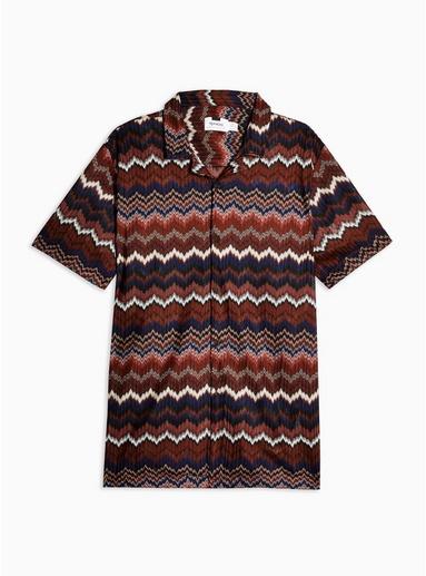 Topman Mens Brown Knit Chevron Revere Shirt