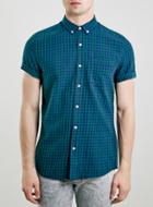 Topman Mens Blue Navy/ Green Gingham Short Sleeve Casual Check Shirt