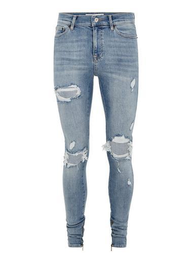 Topman Mens Blue Light Wash Ripped Stacker Jeans